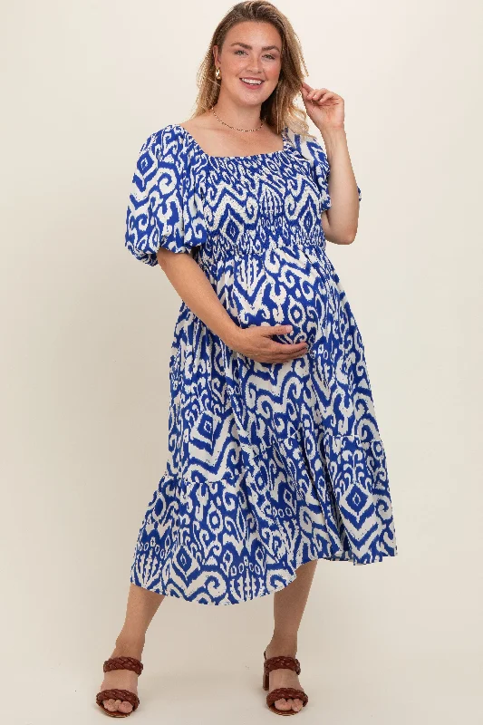 Women's midi dress flap flair -Royal Printed Smocked Puff Sleeve Plus Maternity Midi Dress