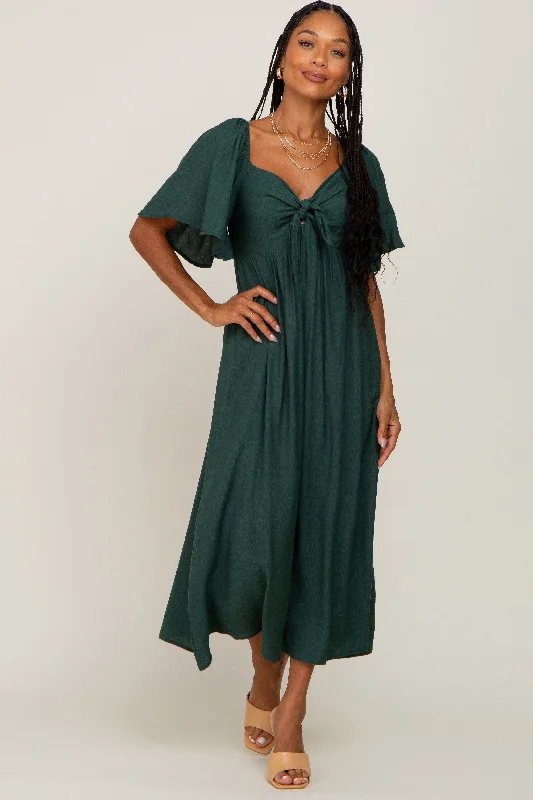 Women's midi dress small flair -Hunter Green Front Tie Ruffle Sleeve Midi Dress