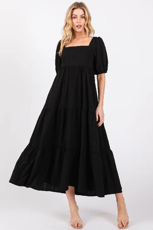 Women's midi dress leaf flair -Black Textured Tiered Midi Dress