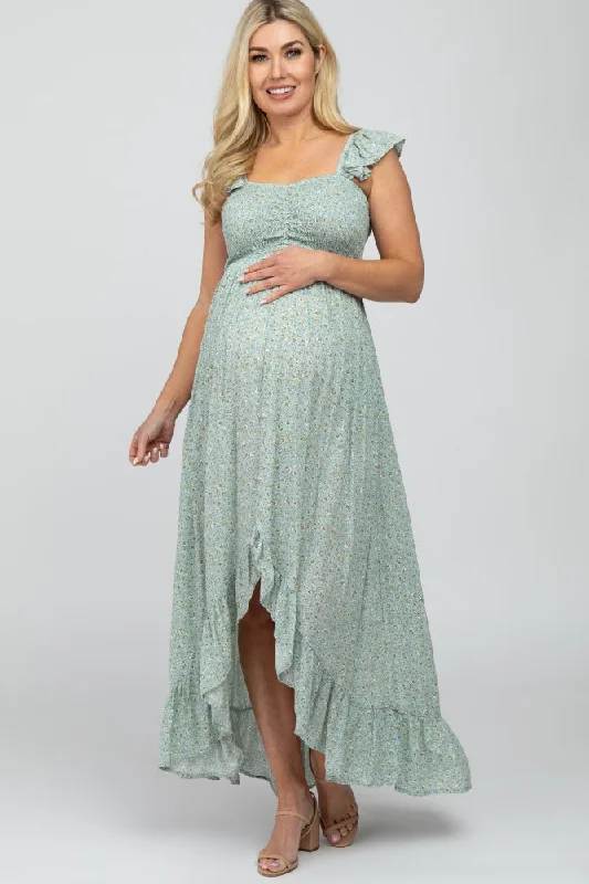 Women's floral dress ride pop -Sage Floral Smocked Hi-Low Maternity Maxi Dress