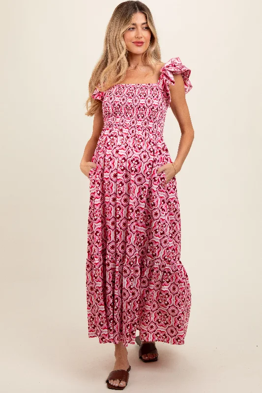 Women's floral dress tame glow -Magenta Floral Smocked Flutter Cap Sleeve Maternity Maxi Dress