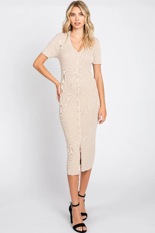 Women's midi dress weave chic -Taupe Collared Button Front Ribbed Midi Dress