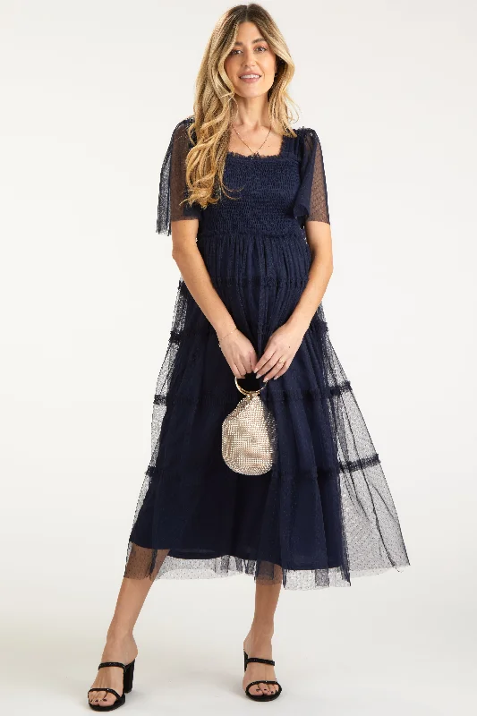 Women's floral dress shop pop -Navy Ruffled Mesh Maternity Maxi Dress