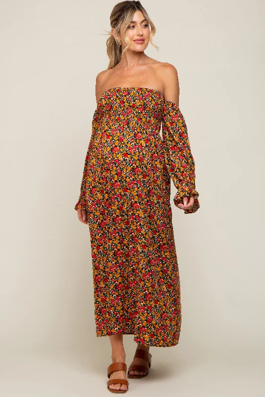 Women's floral dress roam pop -Red Floral Long Sleeve Maternity Maxi Dress