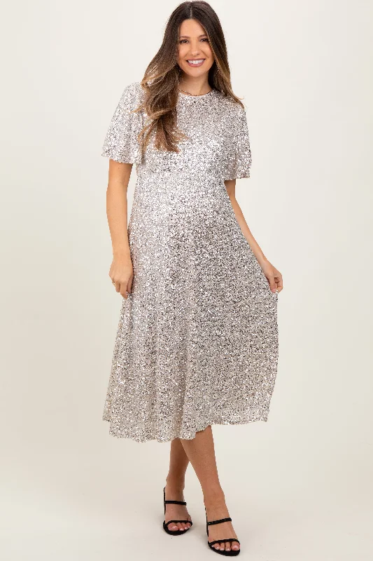 Women's midi dress ease pop -Gold Sequin Short Sleeve Maternity Midi Dress