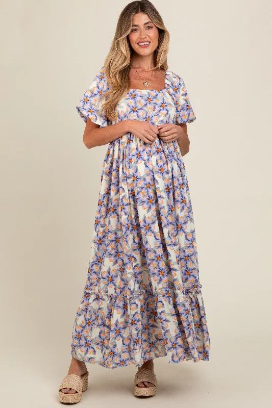 Women's floral dress hub bloom -Blue Floral Ruffle Accent Maternity Maxi Dress