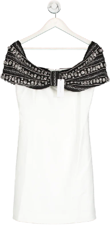 ladies-mini-dress-ochre-oomph-Karen Millen White Crystal Embellished Bow Detailed Woven Mini Dress UK 10