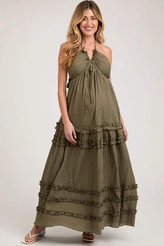 Women's floral dress veil glow -Olive Ruffle Ruched Deep V-Neck Maternity Maxi Dress