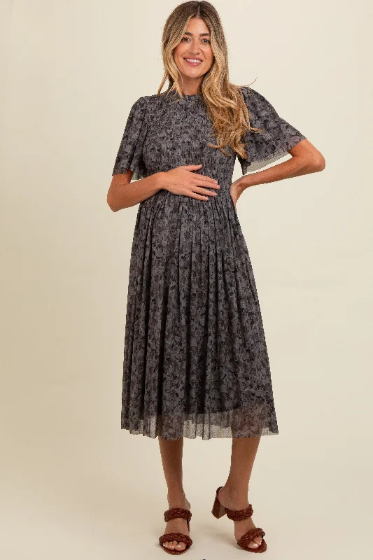 Women's midi dress wild flair -Grey Floral Smocked Maternity Midi Dress