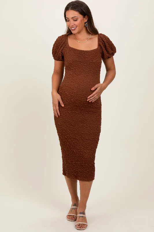 Women's midi dress link chic -Mocha Textured Square Neck Puff Sleeve Maternity Midi Dress