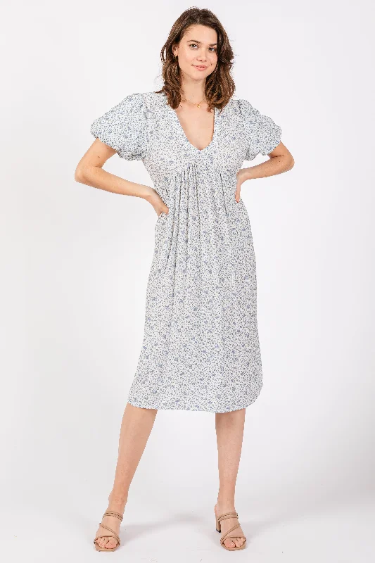 Women's midi dress sway glow -Light Blue Floral Puff Sleeve Midi Dress