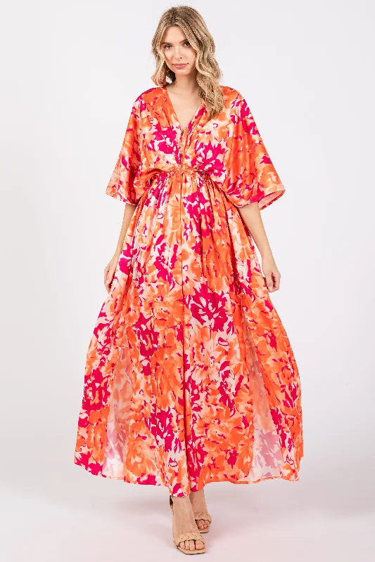 Women's floral dress bloom chic -Orange Floral Satin V-Neck Maxi Dress