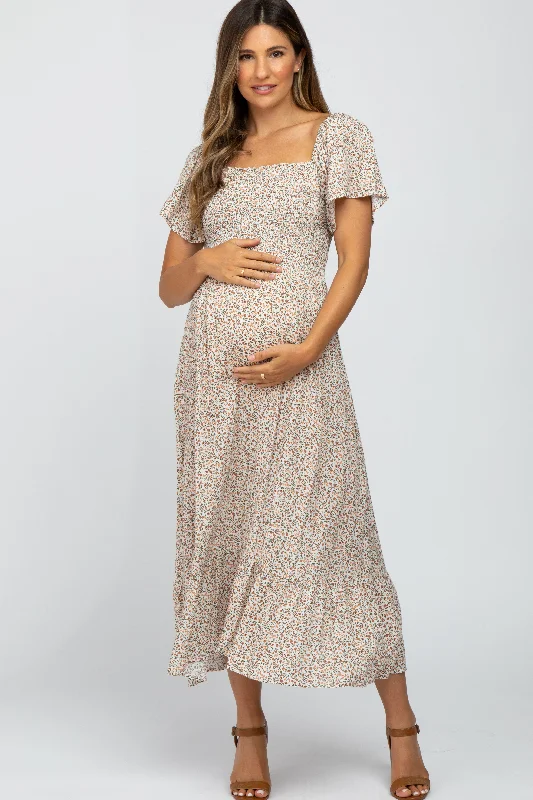 Women's floral dress silk flair -Ivory Floral Smocked Maternity Maxi Dress