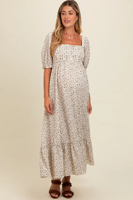 Women's floral dress roam pop -Ivory Floral Pleated Bodice Maternity Maxi Dress