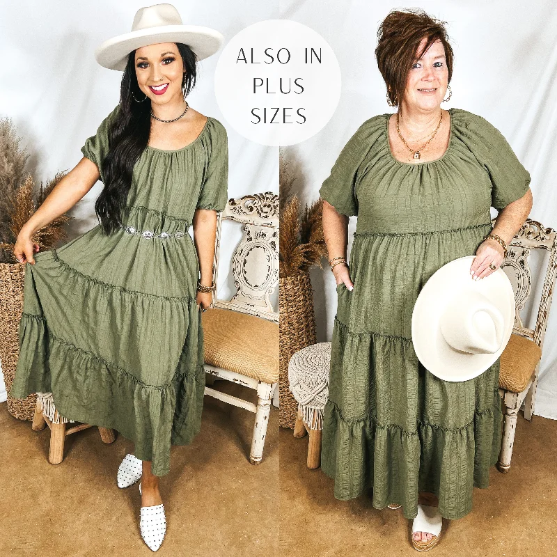 Women's floral dress clear bloom -Sweetest Moments Ruffle Tiered Maxi Dress in Olive Green