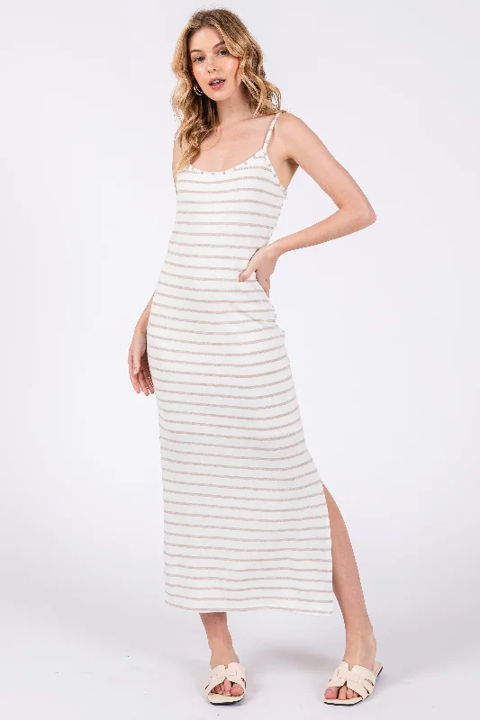 Women's midi dress calm chic -Mocha Striped Knit Side Slit Sleeveless Midi Dress