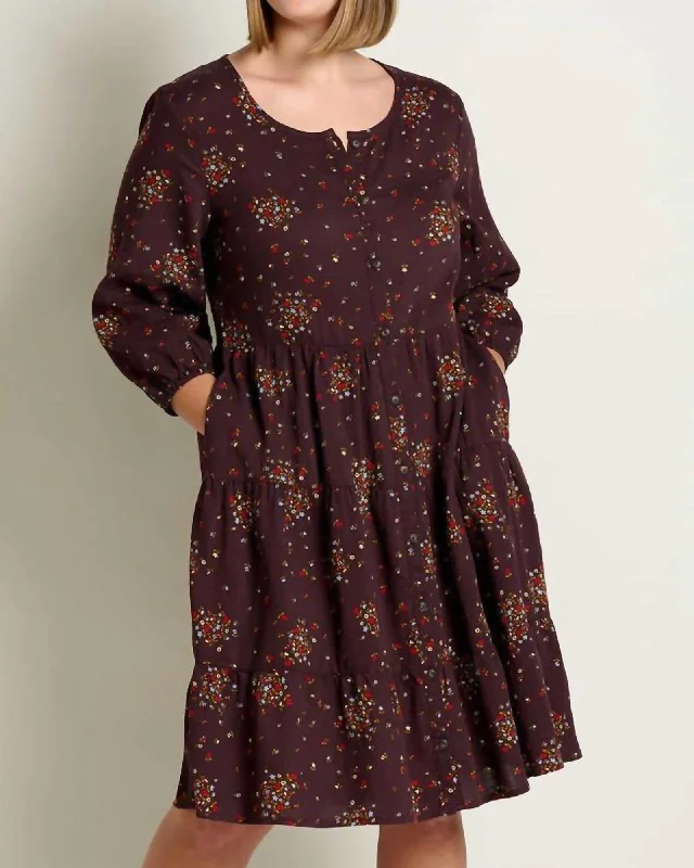 ladies-floral-dress-eco-essence-Manzana Tiered Long Sleeve Dress In Carob Floral Print | Carob Floral Print