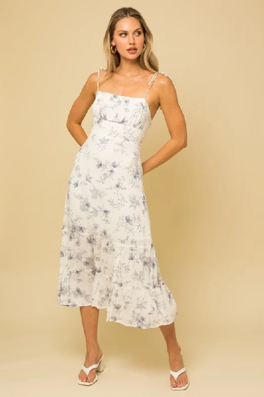 Women's floral dress ray flair -White Floral Sleeveless Back Smocking Slit Maxi Dress