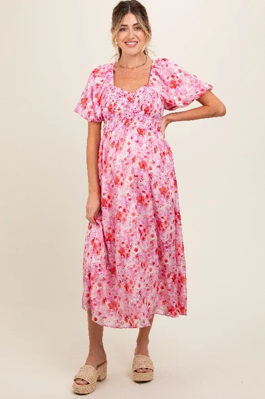 Women's midi dress smooth pop -Pink Floral Smocked Sweetheart Neck Short Puff Sleeve Maternity Midi Dress