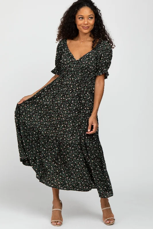 Women's midi dress star pop -Green Floral V-Neck Ruffle Sleeve Midi Dress