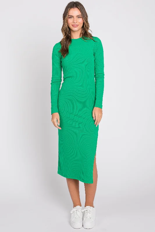 Women's midi dress mall flair -Green Ribbed Mock Neck Long Sleeve Midi Dress