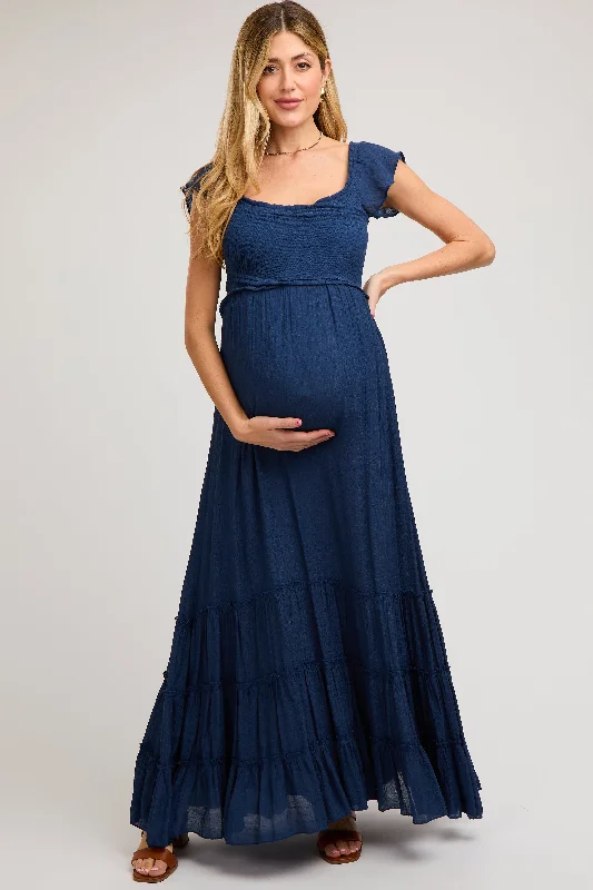 Women's floral dress box pop -Navy Smocked Crossover Off Shoulder Maternity Maxi Dress