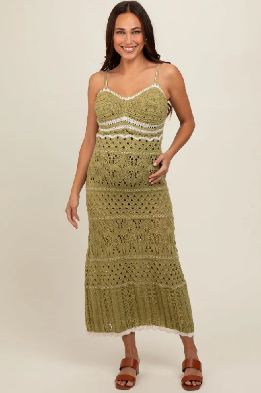 Women's floral dress airy glow -Olive Contrast Trim Crochet Maternity Maxi Swim Cover Up