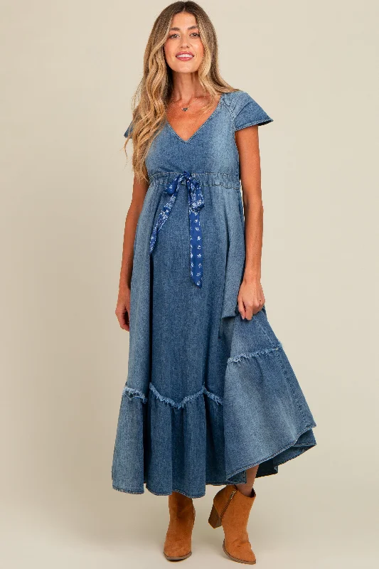 Women's floral dress mauve bloom -Blue Denim Sash Waist Maternity Maxi Dress