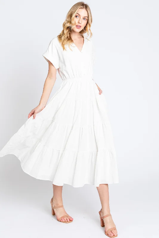 Women's midi dress earth flair -Off White Collar V Neck Cuffed Sleeve Tiered Midi Dress