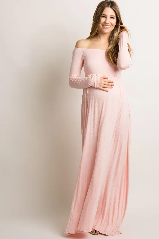 Women's floral dress weave chic -PinkBlush Pink Solid Off Shoulder Maternity Maxi Dress