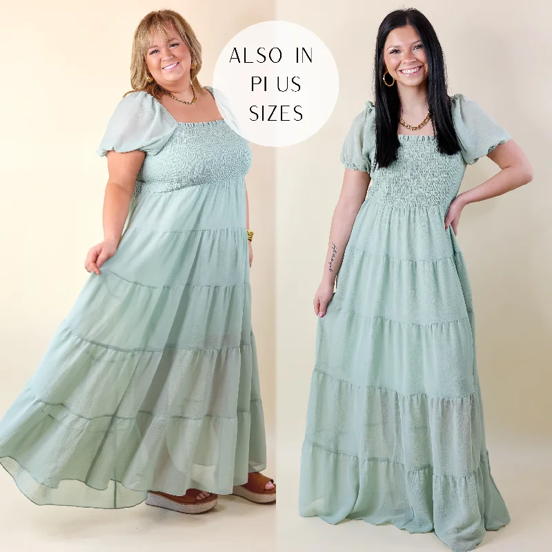 Women's floral dress bud chic -Honeysuckle Love Tiered Maxi Dress with Smocked Bodice in Sage Green