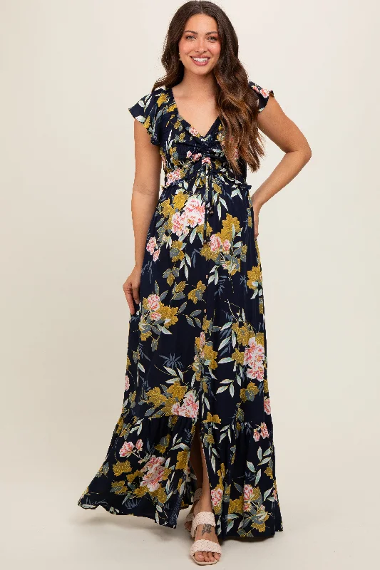 Women's floral dress honey chic -Navy Floral Smocked Cinched Top Maternity Maxi Dress