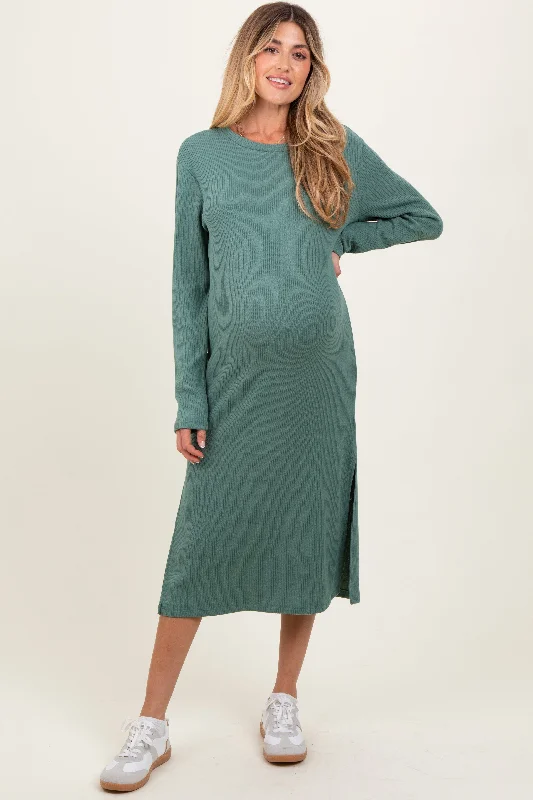 Women's midi dress flare chic -Olive Ribbed Knit Long Sleeve Side Slit Maternity Midi Dress