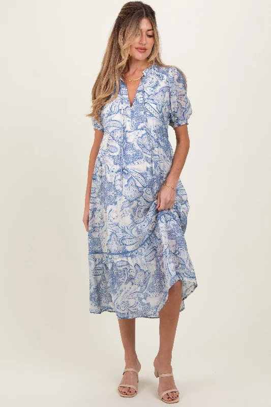 Women's midi dress loose glow -Blue Paisley Front Tie Ruffle Trim Maternity Midi Dress