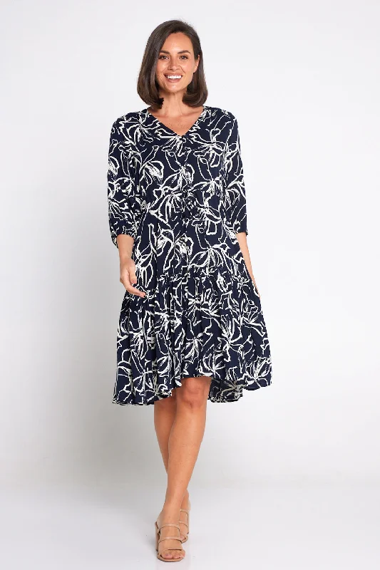 ladies-floral-dress-satin-sprig-Delaney Dress - Navy Floral