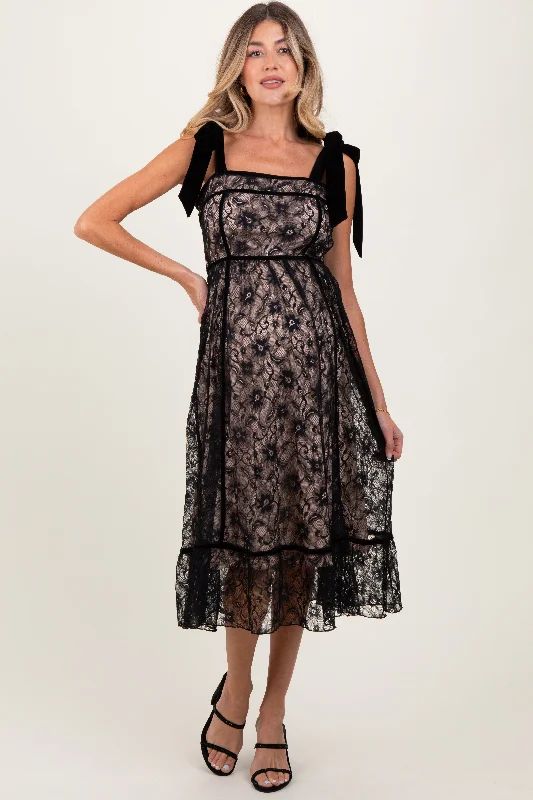 Women's midi dress icy pop -Black Floral Lace Velvet Tie Strap Maternity Midi Dress