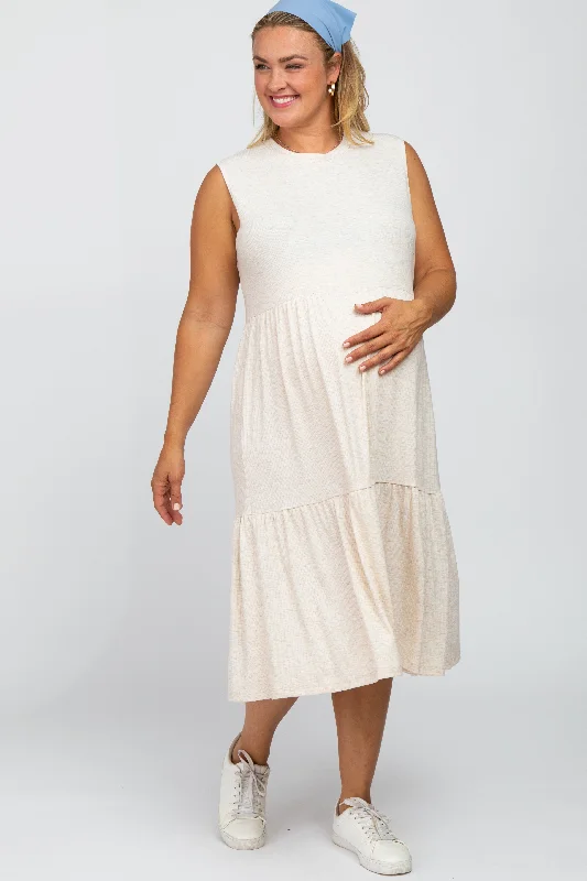 Women's midi dress snag chic -Beige Ribbed Sleeveless Plus Maternity Midi Dress