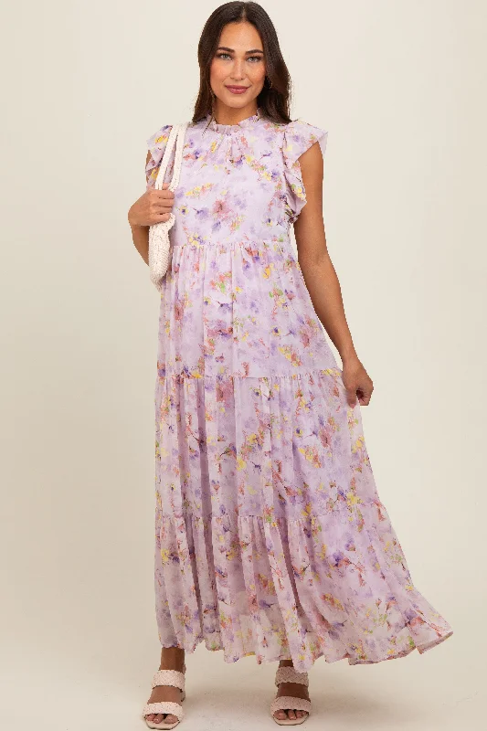 Women's floral dress arc bloom -Lavender Floral Chiffon Ruffle Shoulder Tiered Maternity Maxi Dress