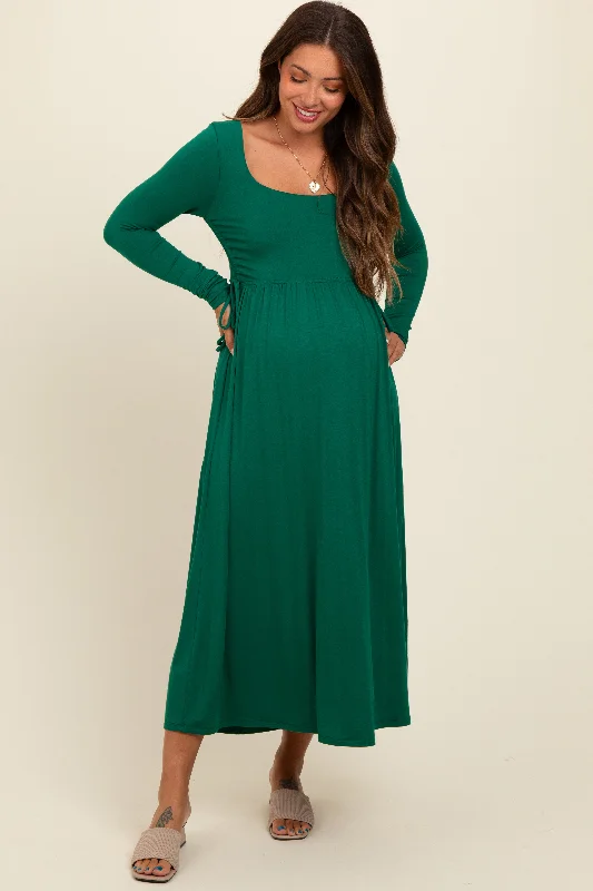 Women's midi dress fresh pop -Forest Green Square Neck Long Sleeve Maternity Midi Dress