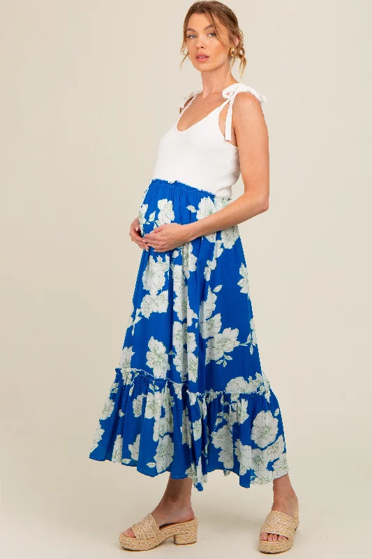 Women's midi dress free pop -Royal Blue Floral Colorblock Maternity Midi Dress