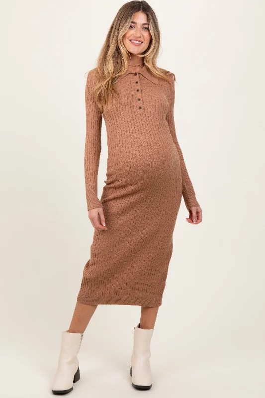 Women's midi dress joy glow -Camel Cable Knit Button Up Maternity Midi Dress