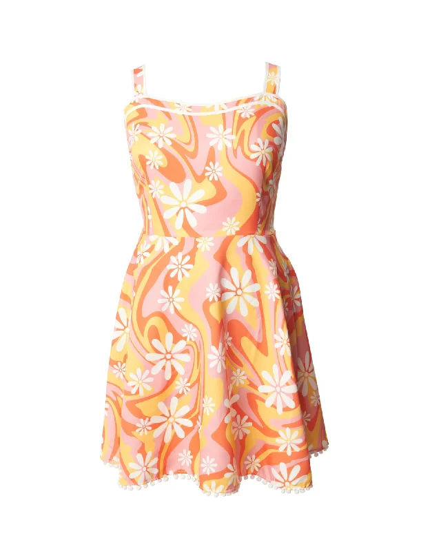 ladies-floral-dress-playful-pansy-Smak Parlour Yellow Psychedelic Sweetheart Swing Dress | Yellow, Orange, Floral