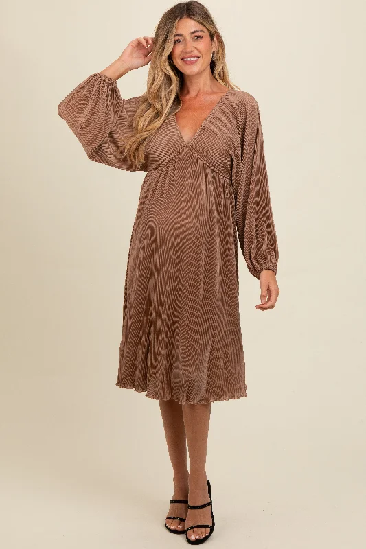 Women's midi dress plush glow -Mocha Pleated Deep V-Neck Maternity Midi Dress