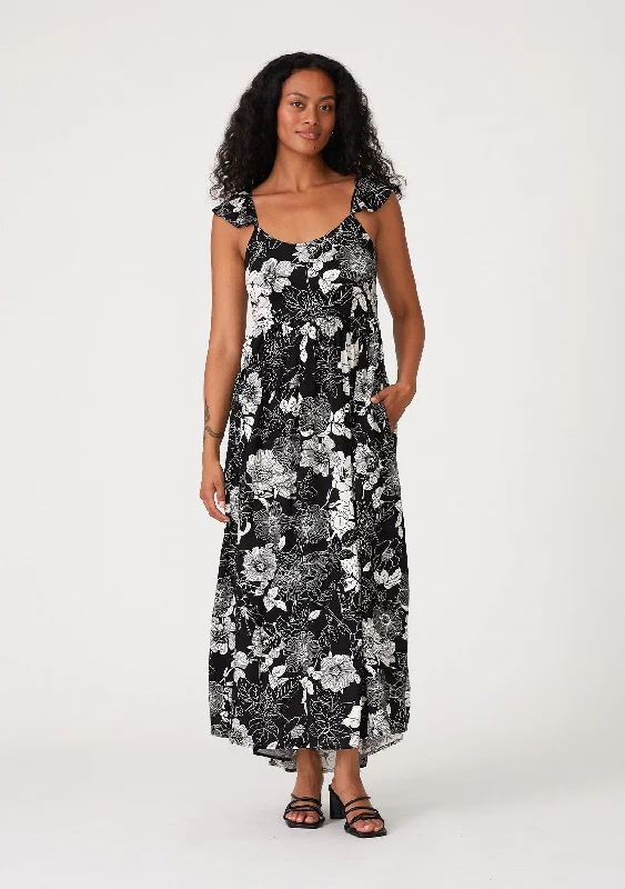 Women's floral dress morn glow -Black Floral Back Tie Maxi Dress