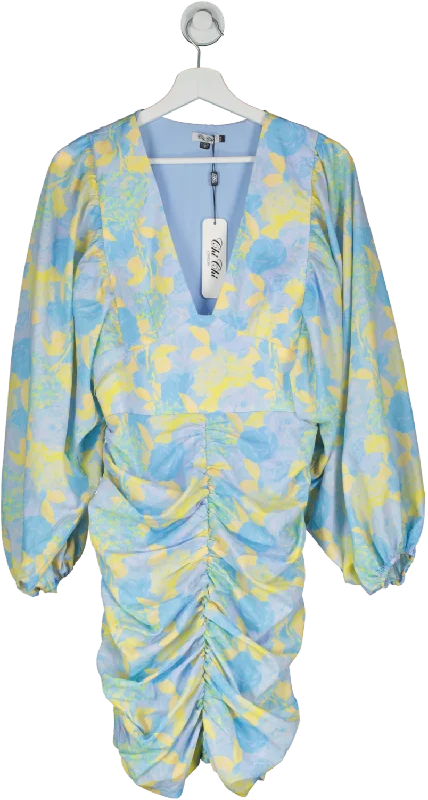 ladies-mini-dress-sheer-shimmer-Chi Chi London Blue Ruched Long Sleeve Floral Print Mini Dress UK 12