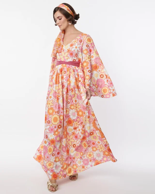 ladies-floral-dress-sepia-sweep-Smak Parlour Orange & Pink Mod Bloom Belted Caftan | Pink & Orange/Floral