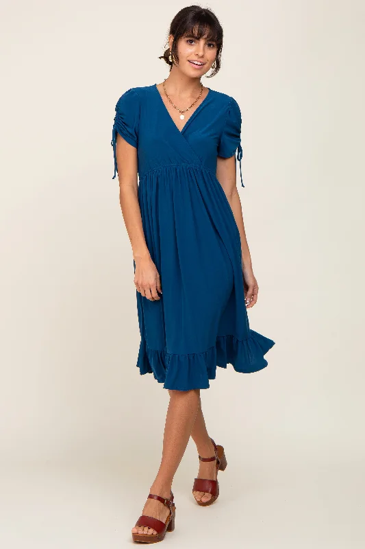 Women's midi dress mama chic -Deep Teal Cinched Sleeve Midi Dress