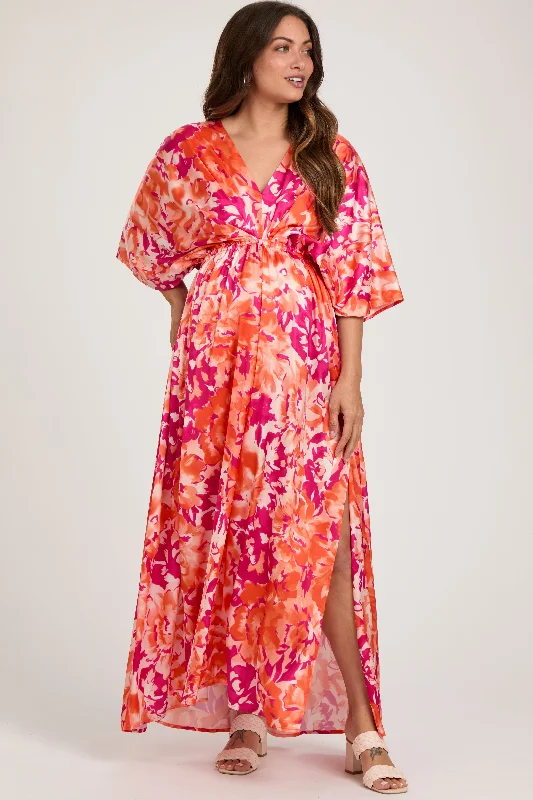 Women's floral dress lone flair -Orange Floral Satin V-Neck Maternity Maxi Dress