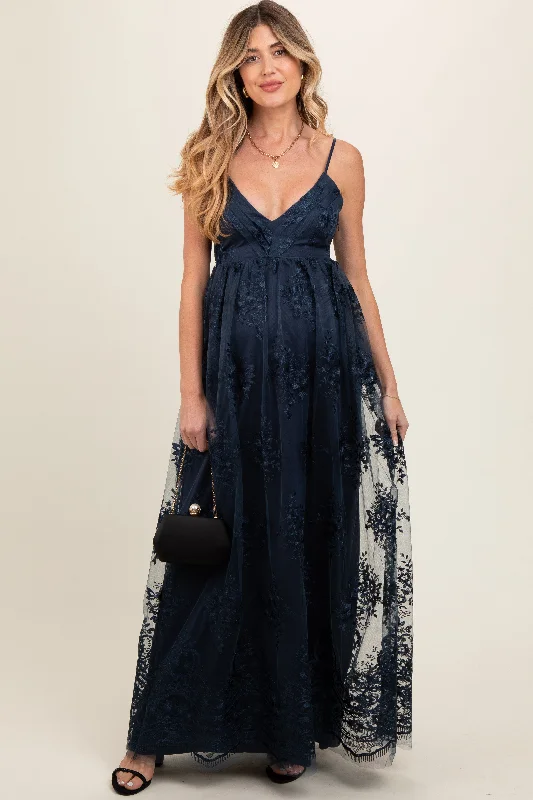 Women's floral dress fall pop -Navy Floral Lace Overlay Maternity Maxi Dress