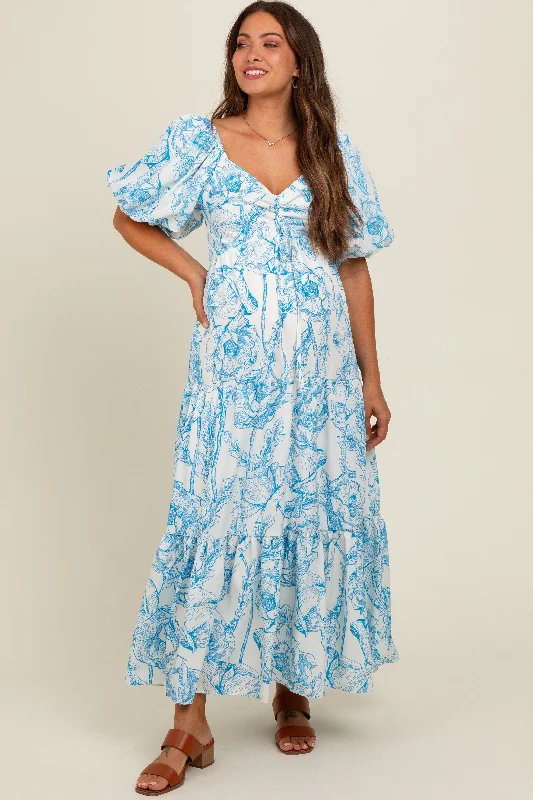 Women's floral dress era bloom -Blue Floral Cinched Tie Maternity Maxi Dress